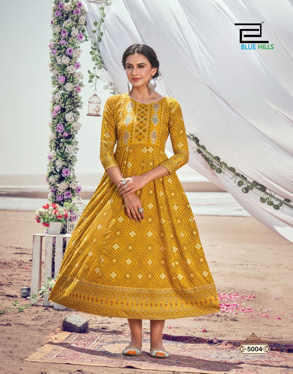 Blue Hills Up To Date 5 Rayon Printed Festive Wear Designer Long Kurti Collection